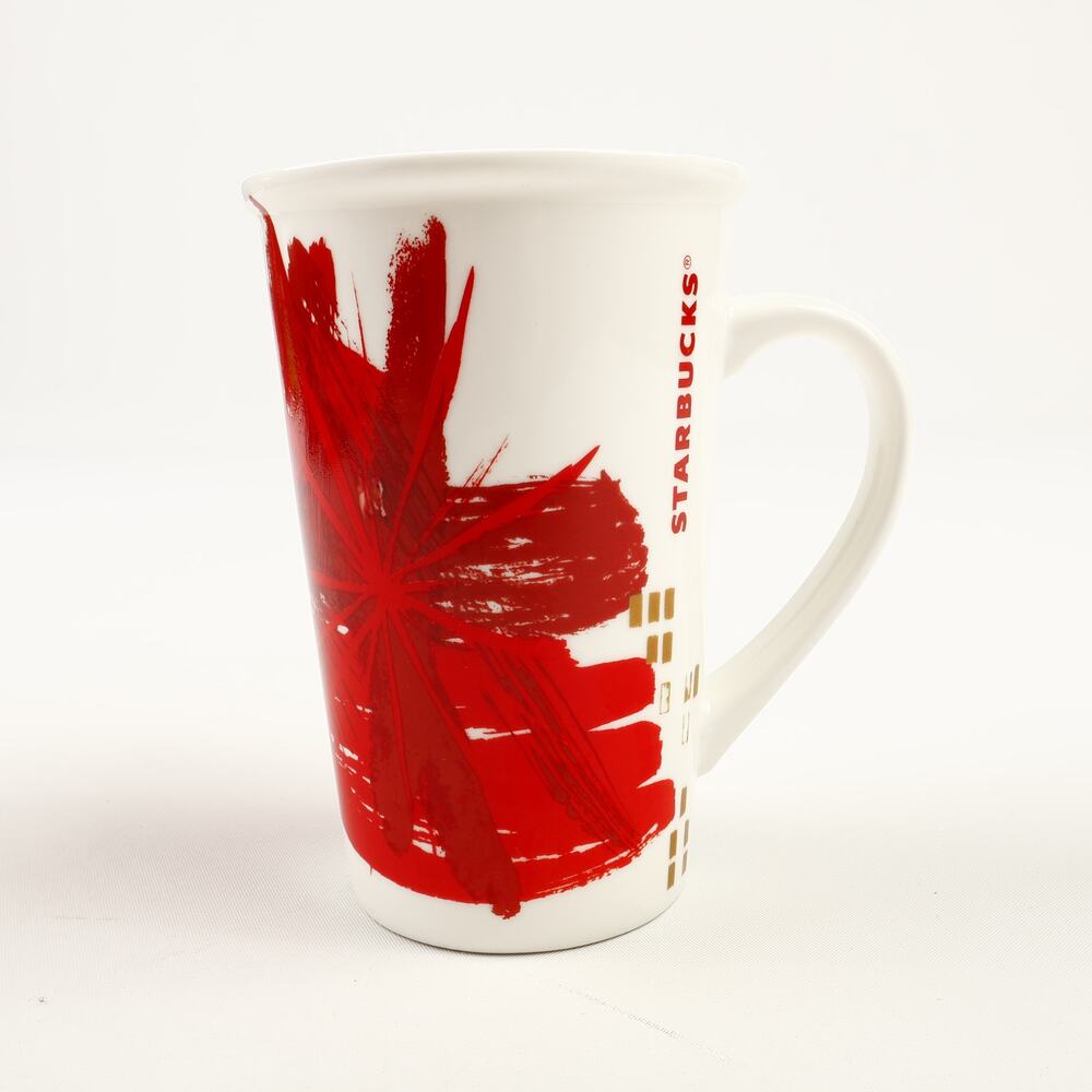 Starbucks 2014 12oz Ceramic Coffee Mug White Red Burst
